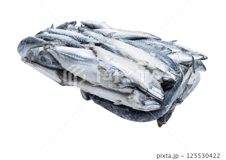 Frozen mackerel isolated. Frozen group of fish. Iced fish. Heap of mackerel isolated on white background. Mackerel pattern. Mackerel texture. Fish background Frozen mackerel isolated. Frozen group of fish. Iced fish. Heap of mackerel isolated on white background. Mackerel pattern. Mackerel texture. Fish background 125530422