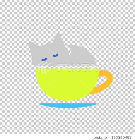 A colorful icon of a cat taking a nap in a coffee cup 125530495