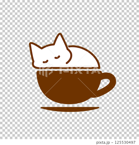コーヒーカップに入ってお昼寝する白い猫のアイコン　 白×茶色 125530497