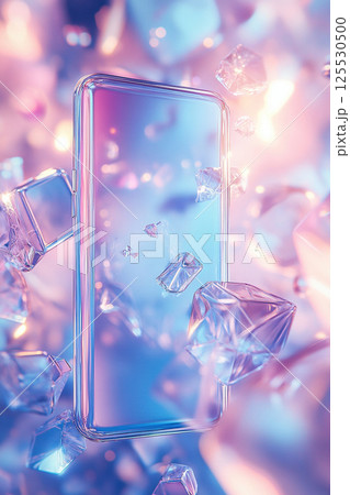 Transparent design of a modern smartphone surrounded by glassmorphic cubes on a light background. Vertical background 125530500
