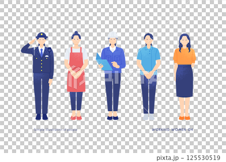 働く女性。警察官、接客業、建設業、ヘルパー、デザイナーのベクターイラスト素材。 125530519