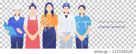 消防士からデザイナーまで。多職種で活躍する女性の職業イラストセット。 125530520