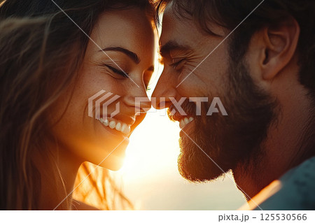 Romantic couple smiling in an embrace at sunset 125530566