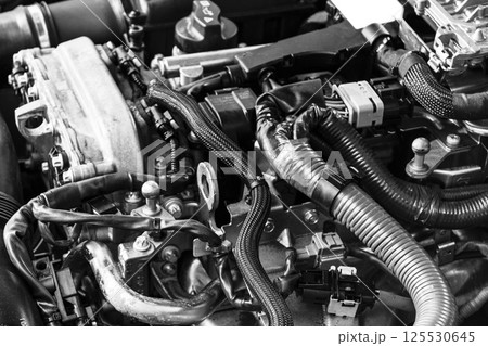 Car gasoline engine. Car engine part. Close-up image of an internal combustion engine. Engine detailing in a new car. Black and white 125530645