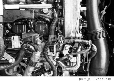 Car gasoline engine. Car engine part. Close-up image of an internal combustion engine. Engine detailing in a new car. Black and white. Top view Car gasoline engine. Car engine part. Close-up image of an internal combustion engine. Engine detailing in a new car. Black and white. Top view 125530646