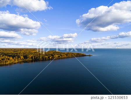 Aerial view of seashore with beach, lagoons. Coastline with sand and water. Landscape. Aerial photography. Birdseye. Sea, beach, sky, clouds. Autumn yellow trees and forest 125530653