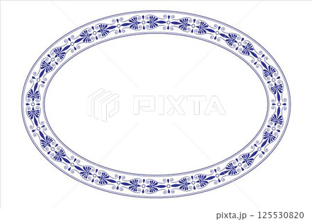 Blue oval plate with floral design. Oval floral european pattern frame arabesque. Vintage, ethnic frame with greek pattern. Pattern frame for oval surface, textile, embroidery, ceramic, porcelain 125530820