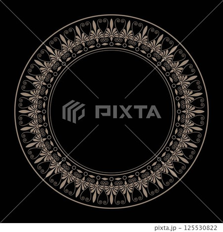 Vector round golden black pattern with arabesques, floral elements. Greek meander. Patterns of Greece and ancient Rome. Circle european border. Typical egyptian, assyrian, greek motive. For textile 125530822