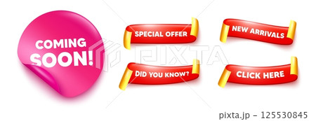 Coming soon sticker, offer ribbons. New arrivals, Click here. Coming soon tag. Promotion banner sign. New product release symbol. Pink sticker tag. Flag ribbon banners. Vector Coming soon sticker, offer ribbons. New arrivals, Click here. Coming soon tag. Promotion banner sign. New product release symbol. Pink sticker tag. Flag ribbon banners. Vector 125530845