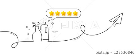 Cleaning spray and Shampoo line icon. Continuous line with share plane. Washing liquid or Cleanser symbol. Housekeeping equipment sign. Five star rate review in speech bubble. Vector 125530846