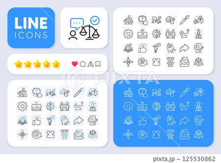 Transform, Teamwork chart and Lawyer line icons for web app. Message, Share, Like social media icons. Pack of Agent, Contactless payment, Dollar exchange pictogram icons. Vector 125530862