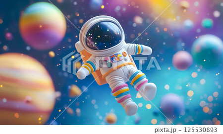 カラフルで幻想的な宇宙空間に浮かぶ宇宙飛行士の3Dイラスト 125530893