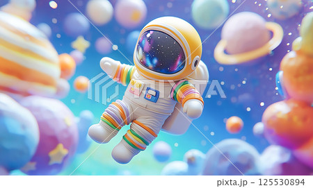 カラフルで幻想的な宇宙空間に浮かぶ宇宙飛行士の3Dイラスト 125530894