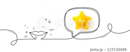 Lips line icon. Continuous line with 3d star. Woman kiss sign. Beauty mouth symbol. 3d star in speech bubble. Lips single line ribbon. Loop curve pattern. Vector 125530896