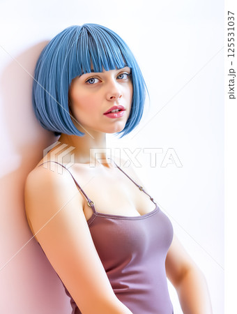 キャミソールを着た若い女性　水色の髪の毛 125531037