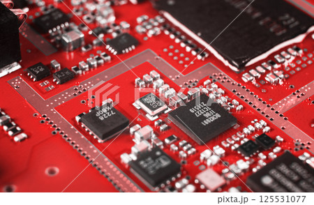 Macro shot of Circuit board with resistors microchips and electronic components. Computer hardware technology. Integrated communication processor. Information engineering. Semiconductor. PCB. Closeup 125531077
