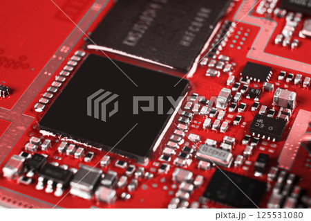 Macro shot of Circuit board with resistors microchips and electronic components. Computer hardware technology. Integrated communication processor. Information engineering. Semiconductor. PCB. Closeup 125531080