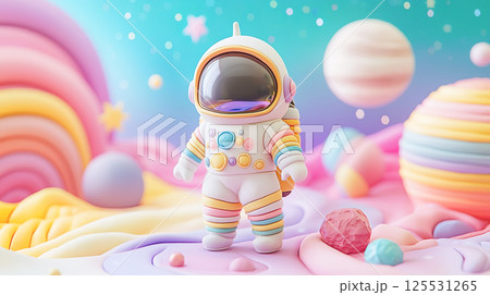 カラフルなパステルカラーの惑星を探検する宇宙飛行士の3Dイラスト 125531265