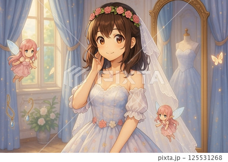 ウェディングドレス姿の少女と妖精たち　ファンタジーイラスト 125531268