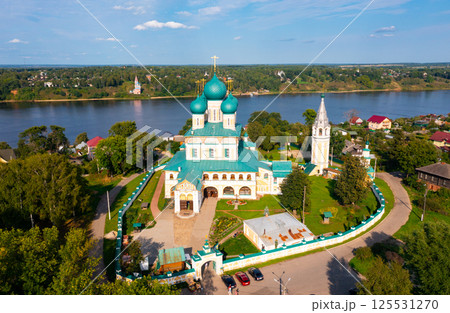Aerial view of Resurrection Cathedral in Tutayev and Volga river in summer, Russia Aerial view of Resurrection Cathedral in Tutayev and Volga river in summer, Russia 125531270