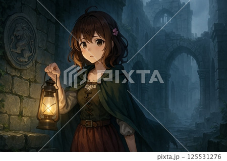 廃墟を探索する少女　ランタンを持つファンタジーイラスト 125531276