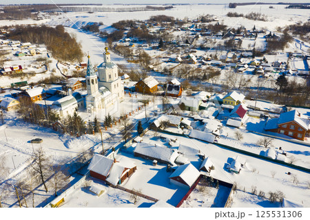 Snow covered Venyov townscape with church of Our Lady of Kazan and Epiphany church Snow covered Venyov townscape with church of Our Lady of Kazan and Epiphany church 125531306