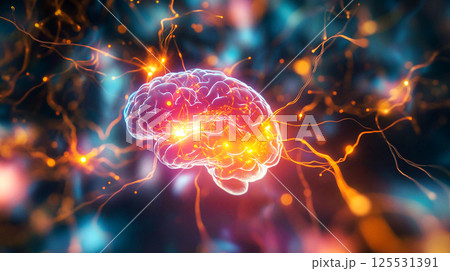A conceptual illustration of a brain with electrical impulses and distorted elements symbolizing brain rot and cognitive decline. mental health, memory loss, and dementia. Brain rot A conceptual illustration of a brain with electrical impulses and distorted elements symbolizing brain rot and cognitive decline. mental health, memory loss, and dementia. Brain rot 125531391