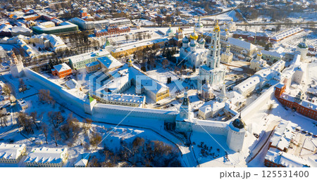 View from the drone of the Trinity-Sergius Lavra and residential quarters of the city of Sergiev Posad. View from the drone of the Trinity-Sergius Lavra and residential quarters of the city of Sergiev Posad. 125531400