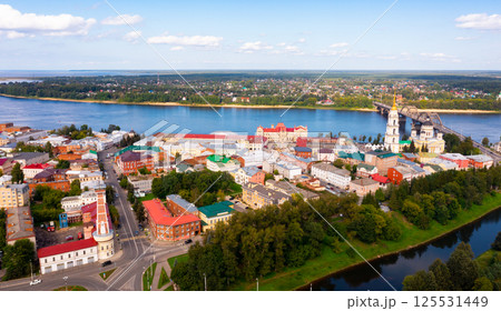 Drone view of the city of Rybinsk with the bridge over the Volga River Drone view of the city of Rybinsk with the bridge over the Volga River 125531449