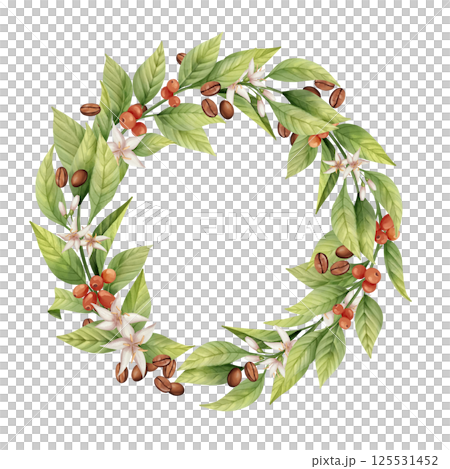 Wreath composed of coffee leaves, blossoms, cherries, and roasted beans, suitable for coffee-themed decor or designs Wreath composed of coffee leaves, blossoms, cherries, and roasted beans, suitable for coffee-themed decor or designs 125531452