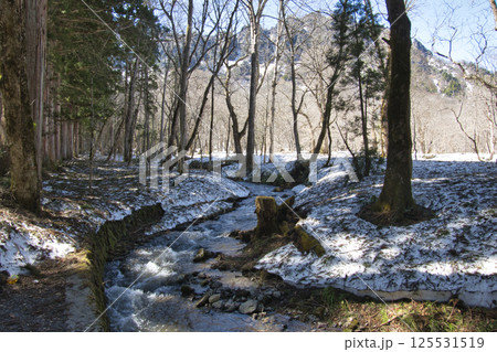 残雪の戸隠神社 奥社の参道脇の小川 長野県長野市 残雪の戸隠神社 奥社の参道脇の小川 長野県長野市 125531519