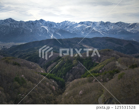 白沢峠からの雄大な後立山連峰の眺め　長野県白馬村（ドローンによる空撮） 125531528