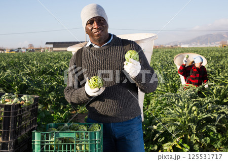 Portrait of an african american man farmer with artichokes 125531717