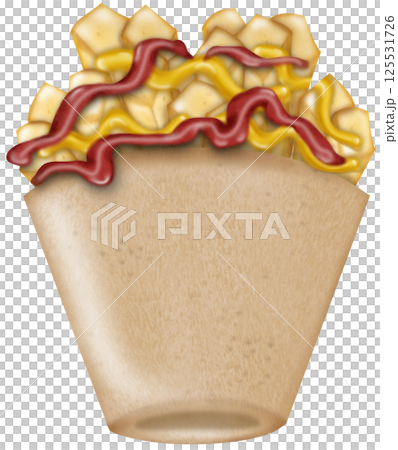 French fries illustration. Potato street fast food menu hand drawn. French fried potato in cardboard pack box. Fast food, junk. French fries illustration. Potato street fast food menu hand drawn. French fried potato in cardboard pack box. Fast food, junk. 125531726