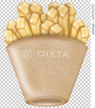French fries illustration. Potato street fast food menu hand drawn. French fried potato in cardboard pack box. Fast food, junk. French fries illustration. Potato street fast food menu hand drawn. French fried potato in cardboard pack box. Fast food, junk. 125531727