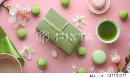 Matcha gift box sticky rice snack dessert with green tea drink Matcha gift box sticky rice snack dessert with green tea drink 125531975