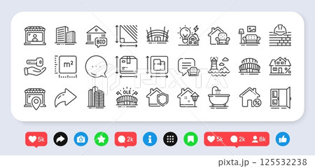 Lounge place, Mortgage and Market seller line icons pack. Social media: share, comment, like icons. Open door, Building energy, Triangle area web icon. Vector 125532238