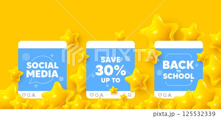 Discount social media post. Back to school template. Save up to 30 percent tag. Discount Sale offer price sign. Special offer symbol. Like, comment and share icons. Vector 125532339