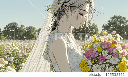 白いウェディングドレスを着ている花嫁：ジューンブライド