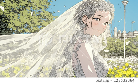 白いウェディングドレスを着ている花嫁：ジューンブライド