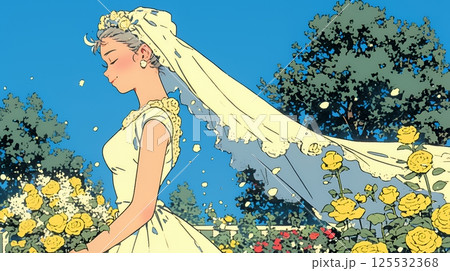 白いウェディングドレスを着ている花嫁：ジューンブライド 125532368