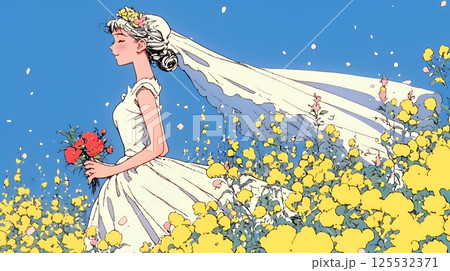 白いウェディングドレスを着ている花嫁：ジューンブライド