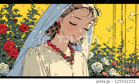 白いウェディングドレスを着ている花嫁：ジューンブライド 125532372