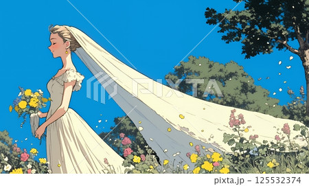白いウェディングドレスを着ている花嫁：ジューンブライド 125532374
