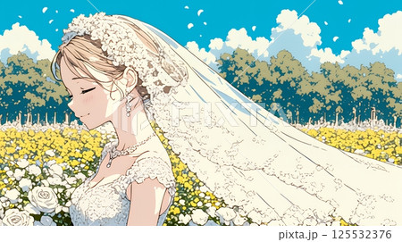 白いウェディングドレスを着ている花嫁：ジューンブライド
