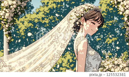 白いウェディングドレスを着ている花嫁：ジューンブライド