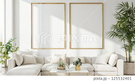 Frame mockup living room modern wooden trendy minimalism scandinavian boho style 125532401