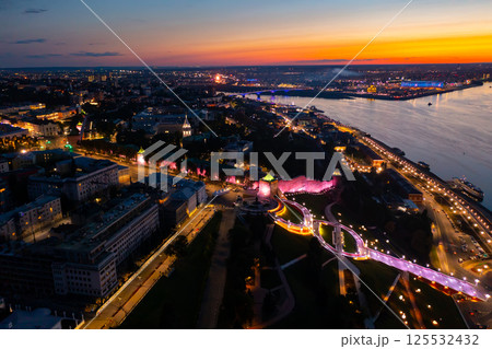 Night view of Nizhny Novgorod on Volga with Kremlin and Chkalovskaya Stairs, Russia 125532432