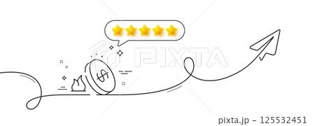 Gas price line icon. Continuous line with share plane. Fuel tax sign. LPG rate symbol. Five star rate review in speech bubble. Gas price single line ribbon. Loop curve pattern. Vector 125532451