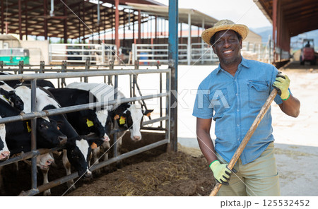 Hired worker with agricultural tool in hands in cowshed 125532452